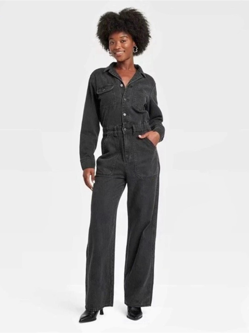 Universal Thread Long Sleeve Utility Baggy Denim Jumpsuit washed black, size 12